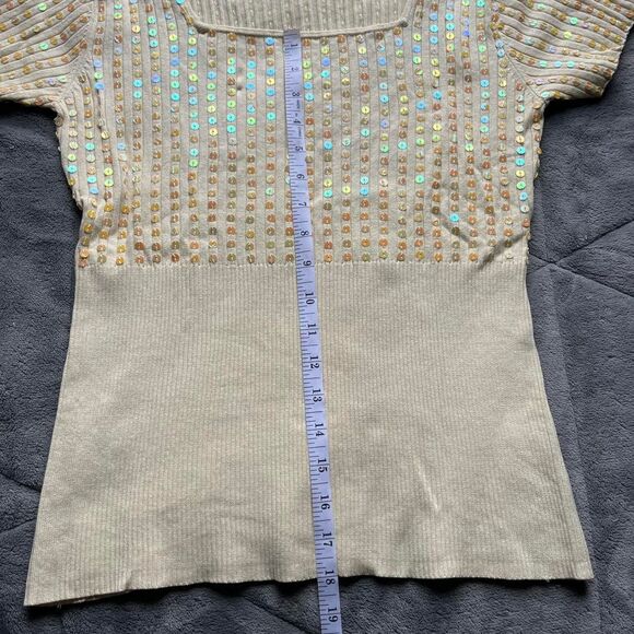 Vintage Y2K Marc Bouwer Sequin Square Neck Short Sleeve Yellow Sweater Top Sz M - Picture 6 of 6